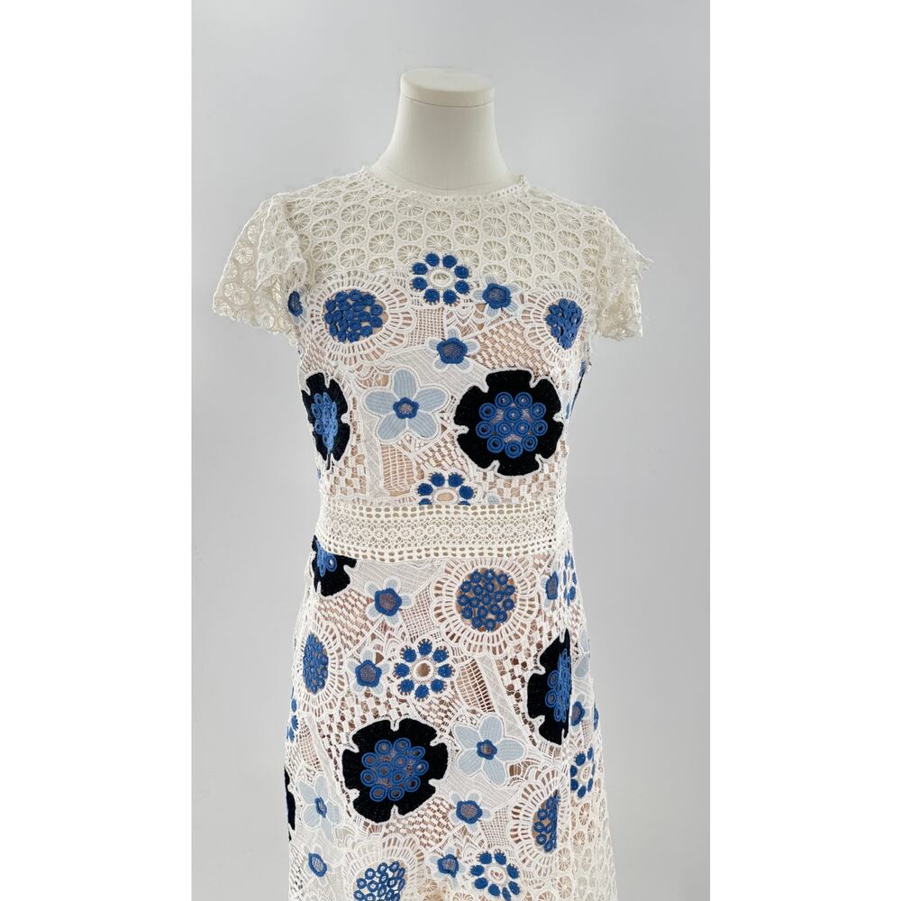 Sea New York White Blue Crochet Lace Flutter Sleeve Midi Dress Sheath 6